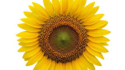 Vibrant sunflower bloom with bright yellow petals and dark brown center against white background, showcasing