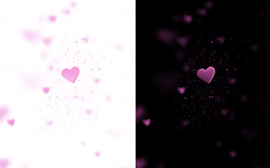 Bright pink glowing heart surrounded by floating heart particles on black background. Romantic love symbol illustration for Valentine&rsquo;s Day, greeting cards, banners and modern digital designs.