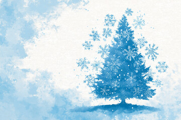Watercolor Christmas tree silhouette with decorative snowflakes, light winter background, open area for design..