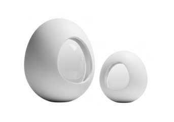 Two abstract white spheres with oval cutouts, one larger than the other, isolated on transparent background