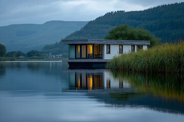 A contemporary house reflecting on tranquil waters under subdued lighting, showcasing modern architecture amidst lush greenery and perfect serenity.