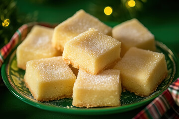 green plate of christmas shortbread cookies with powdered sugar