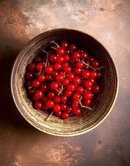 Rote Johannisbeerzweige in einer runden Holzschale. Draufsicht.