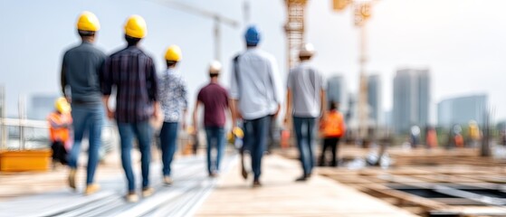 Construction workers on site collaborating to build a new structure with cranes and machinery in the background during daylight