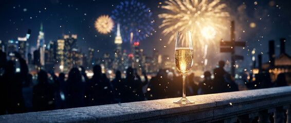 New Year's Eve Celebration with Champagne and Cityscape Fireworks