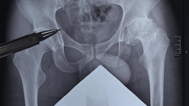 Doctor showing X-ray of curved spine and pelvis bones. One side is 4 cm shorter than the other.