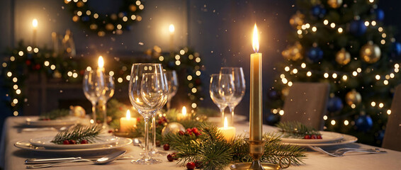 Elegant Christmas Dinner Table Setting with Glowing Candles and Festive Bokeh Background