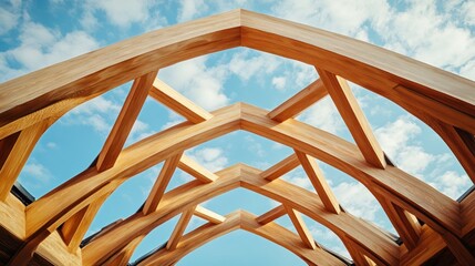 The intricate wooden framework of a building's ceiling is showcased against a bright blue sky filled with fluffy white clouds, creating a visually stunning architectural detail