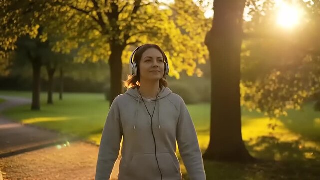 Woman Enjoying a Peaceful Walk in the Park at Sunset.