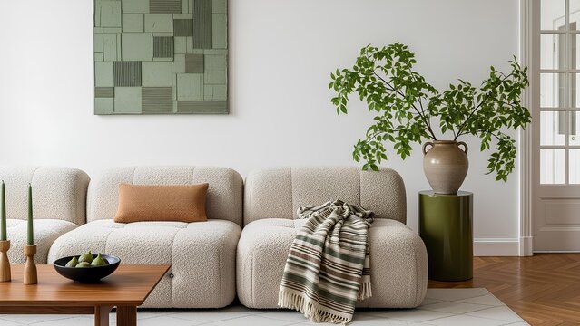 Bright and inviting minimalist living room interior featuring a comfortable modular beige sofa, stylish wooden coffee table, and a vibrant green plant for a touch of nature and modern elegance