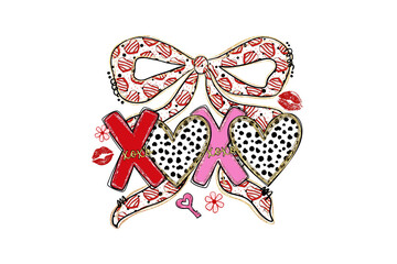 XOXO Typography with Large Leopard Print Coquette Bow Valentine illustration Sublimation Design