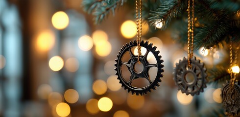 close-up of metallic gears hanging on the christmas tree, with a blurred background and bokeh lights. 