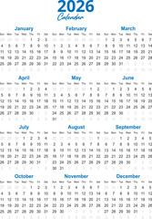 2026 Calendar Grid Showing Months Days and Dates year