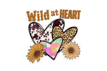 Obraz premium Wild at heart, Valentine western with animal print hearts and yellow sunflowers illustration Sublimation Design