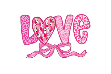  Cute Love typography with pink ribbon bow and leopard hearts valentine Sublimation Design