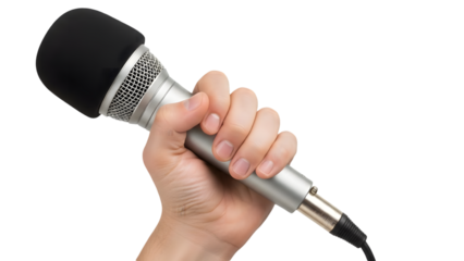 Close up of a hand holding a silver microphone with black foam cover on white background for recording
