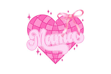Mama Retro pink grid heart with cute coquette ribbon bow Sublimation Design