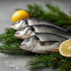 Festive seafood preparation, fresh fish displayed with pine branches and lemon, minimal clean look