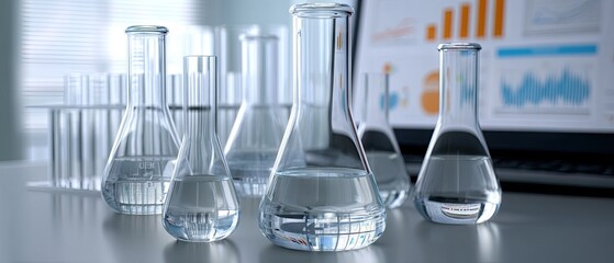 Laboratory equipment and digital charts create a modern scientific environment with glass beakers in shades of blue