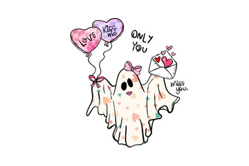  Adorable ghost holding valentine balloons and love letter illustration Valentine Sublimation Design