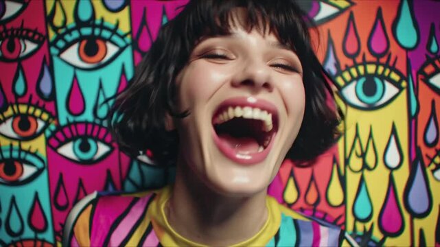 Playful Colorful Close-Up Portrait of a Laughing Young Woman Against Surreal Wallpaper of Multicolored Crying Eyes with Falling Tears, Bold Contrast, Emotional Irony, Artistic Cinematic Visual