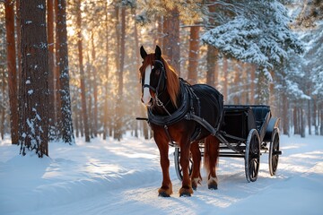 horse pulling a carriage in a winter forest, a horse-drawn sleigh on a snow-covered road, on a sunny day