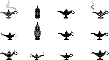 A collection of 12 black silhouettes of ornate lamps and bottles on a white background