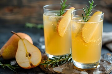 Fototapeta premium Two glasses filled with a light drink sit on a wooden surface. Fresh sliced pears and rosemary sprigs are arranged nearby. Ice cubes add chill to the drinks on a warm day