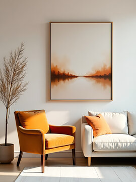 sleek modern living room interior set soft neutral background featuring plush frotte armchair warm tones positioned beside