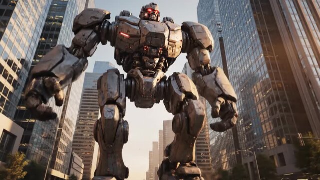 Giant Robot in Cityscape - A Futuristic Battle Scene.