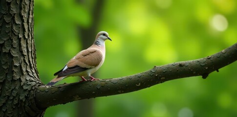 A lone dove rests on a sturdy tree branch, observing its surroundings , wood, bark