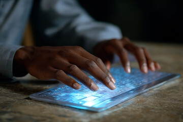 A person's hands skillfully typing on a sleek, illuminated keyboard, highlighting the blend of technology and human interaction in a digital workspace.
