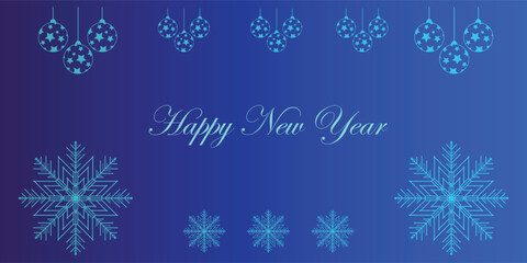 Happy new year greeting card with festive ornaments and snowflakes on a blue background