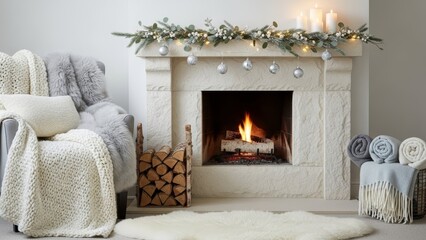 Cozy living room with warm fireplace and Christmas decorations