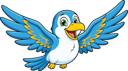 Cartoon blue bird with yellow accents, cheerful pose, expressive face, flat vector illustration, kids, nature, animal character
