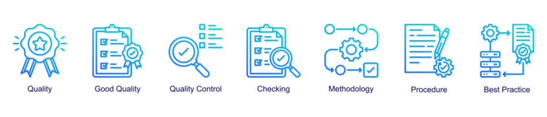 Quality and methodology web banner icon vector illustration for process excellence with quality control, checking, good quality, procedures, best practices, and methodology icons.