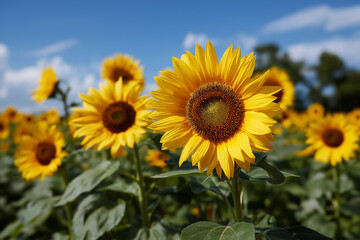 Fototapeta premium A stunning display of sunflowers blooming in a field under a clear blue sky, representing hope, positivity, and the beauty of nature in full bloom.