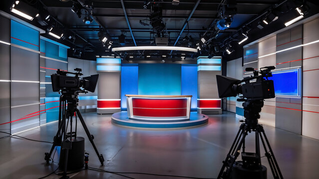 Modern television news studio interior with professional cameras lighting rig and broadcast desk ready for live production