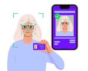 Verification ID is an illustration of Verification ID using system of face recognition and personal ID. The concept is take a photo by holding their own ID to get verified. Vector illustration.