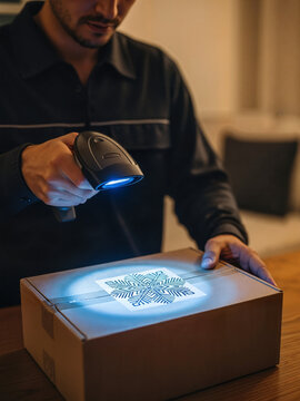 Man scanning QR code on package with handheld device at home  