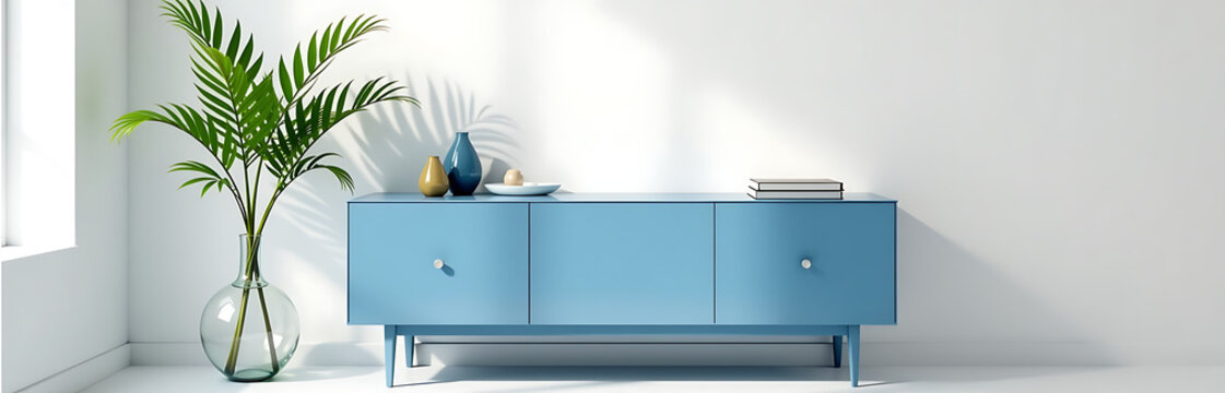 serene minimalist living room features sleek blue commode positioned bright white wall flanked lush greenery simple
