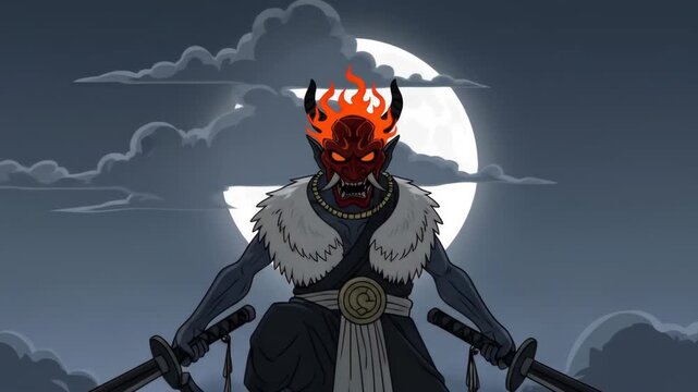 Animated samurai warrior with flaming mask standing guard on rooftop with swords in dark night