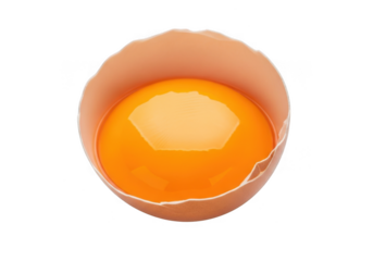 A closeup shot of a raw egg yolk in a broken eggshell, isolated on a transparent background