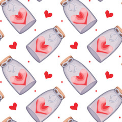 Seamless vector pattern with glass jars containing red hearts, cute romantic symbols, playful design for Valentine's Day, repeating pattern, isolated on white background.