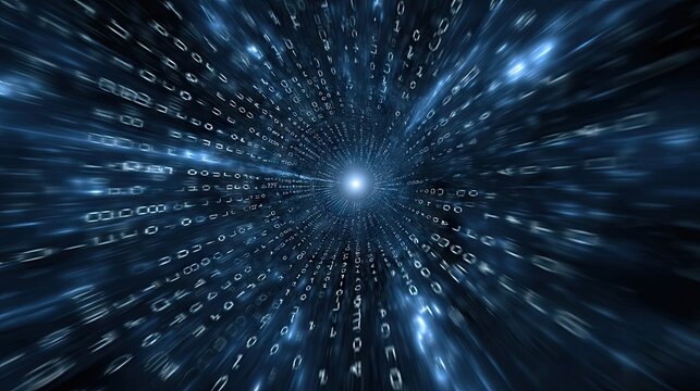 Exploring the depths of digital technology through a storm of blue binary code and flowing data in a dark space with a glowing light effect - Powered by Adobe