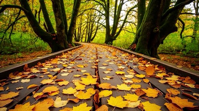 Autumn Leaves Falling on Wooden Path in Forest