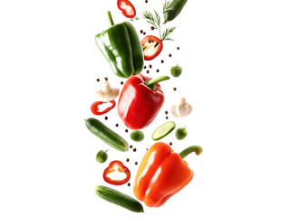 Fresh vegetables falling in a cascade isolated on white background