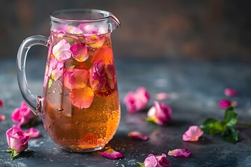A clear pitcher holds a drink filled with bubbles and rose petals. Rose petals scatter around the pitcher on the dark surface. The drink sparkles in the light