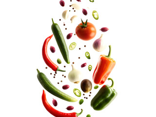 Assortment of fresh vegetables falling in a cascade isolated on white background