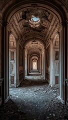 Fototapeta premium Long abandoned hallway with decaying architecture and a hole in the ceiling revealing the sky